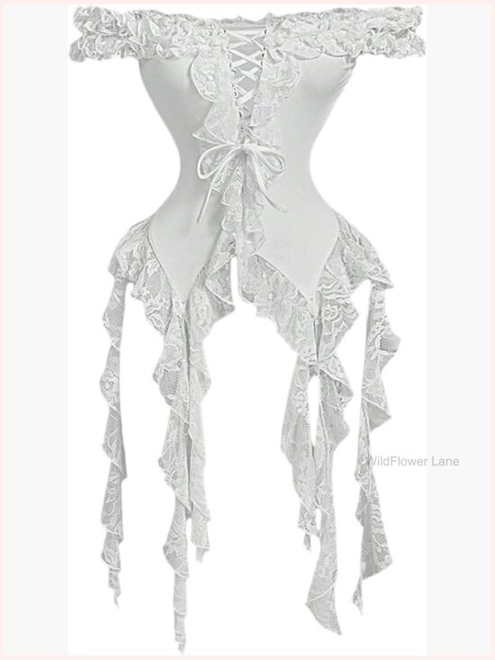 Tops - Off Shoulder Lace Up Asymmetrical Ruffle Hem Flowy Blouse